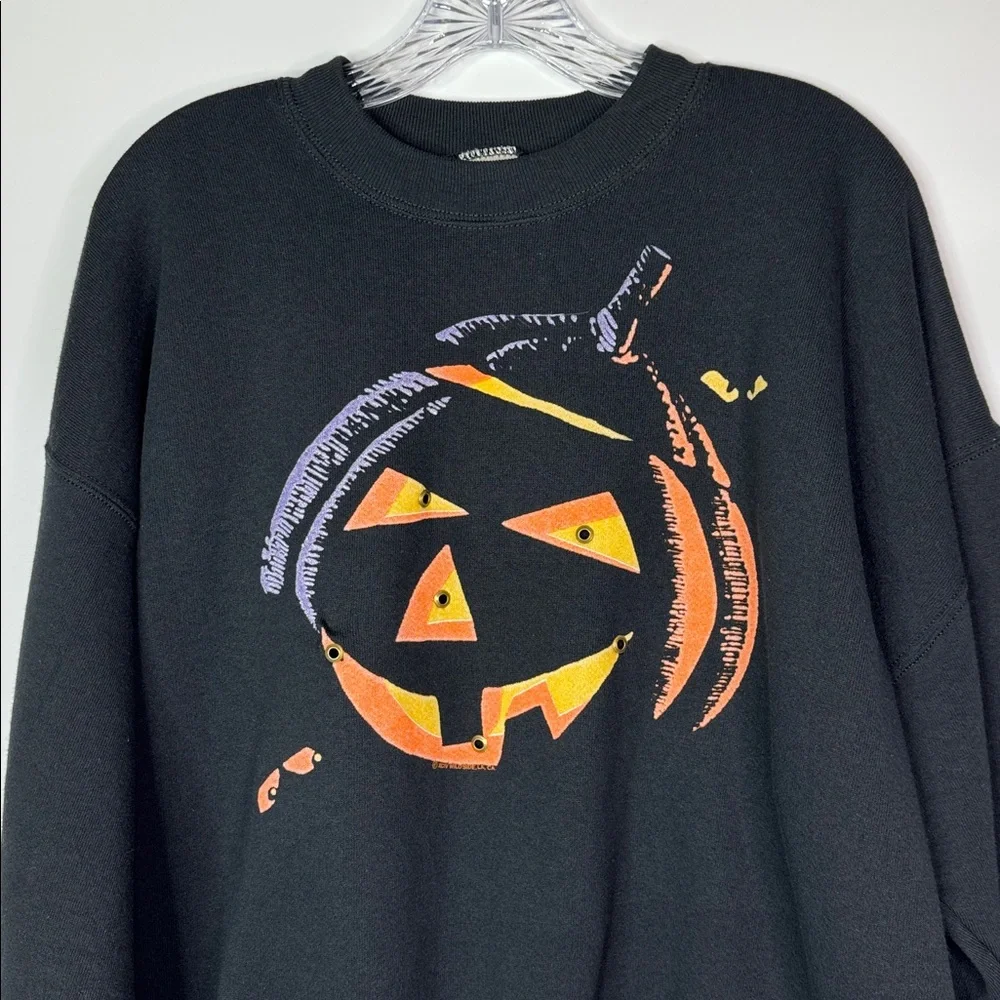 Vintage Fruit Of The Loom Jack-O-Lantern Halloween Black Crewneck Sweatshirt XL